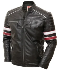 Men's Racing Biker Stripes Real Leather Casual Fit Jacket