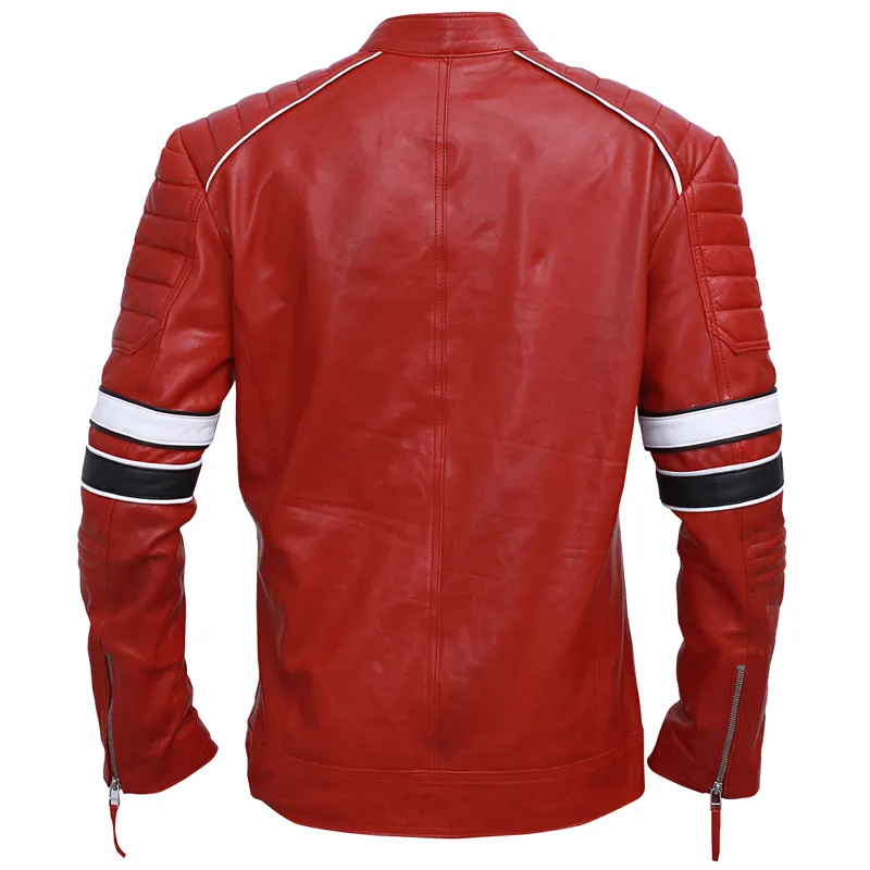 Men's Cafe Racer Red Striped Leather Jacket - Image 4