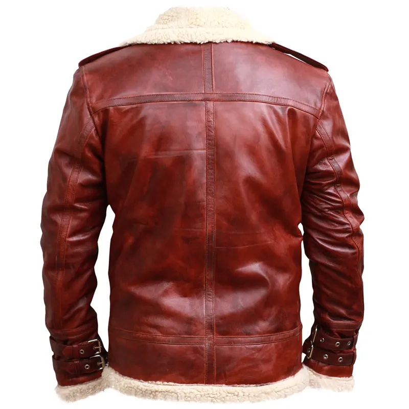 Men's Brown Shearling Stand Collar Real Leather Jacket - Image 6