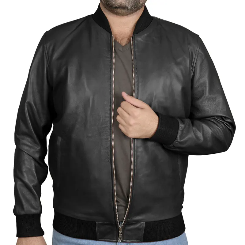 Men's Bomber Biker Style Slim Fitted Leather Jacket - Image 3