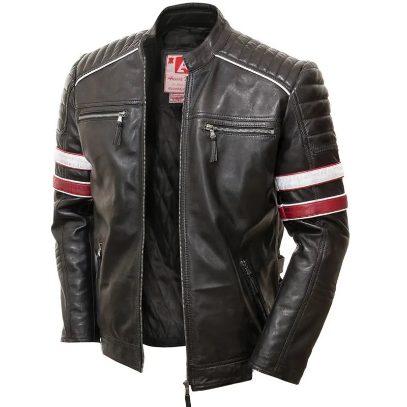 Men's Racing Biker Stripes Real Leather Casual Fit Jacket - Image 2