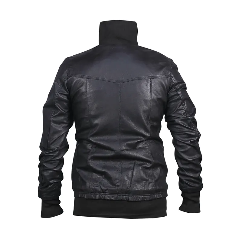 Men's Black Slim Fit Bomber Biker Leather Jacket - Image 2