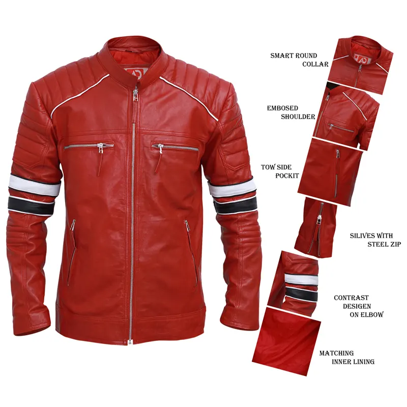 Men's Cafe Racer Red Striped Leather Jacket - Image 5