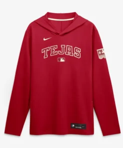 Mens Texas Rangers Nike Red 2026 City Connect Dri-FIT Long Sleeve Hooded T-Shirt