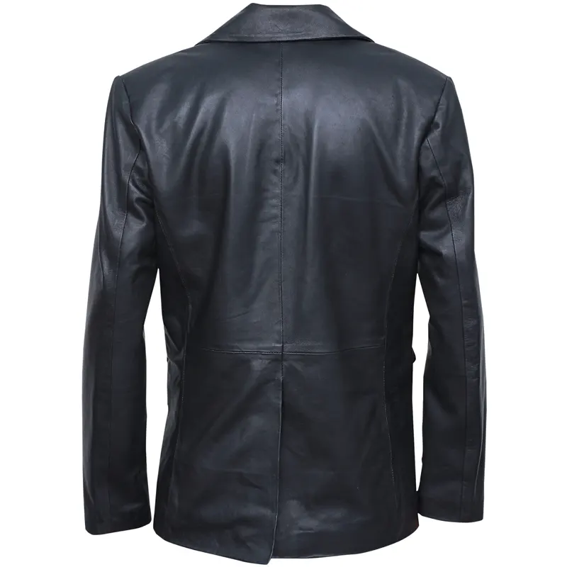 Men's Two Buttons Black Leather Blazer - Image 2
