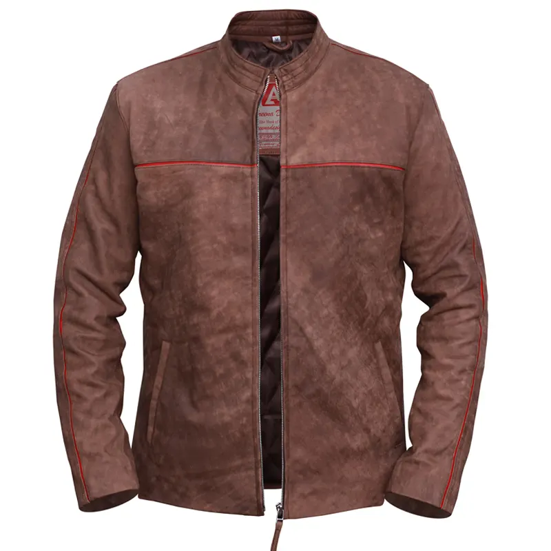 Men's Fashion Distressed Light Brown Leather Jacket - Image 2