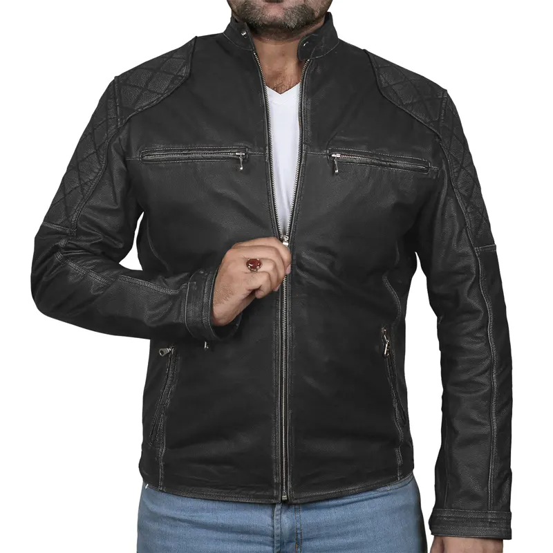 Classic Biker Cafe Racer Leather Jacket For Men's - Image 3