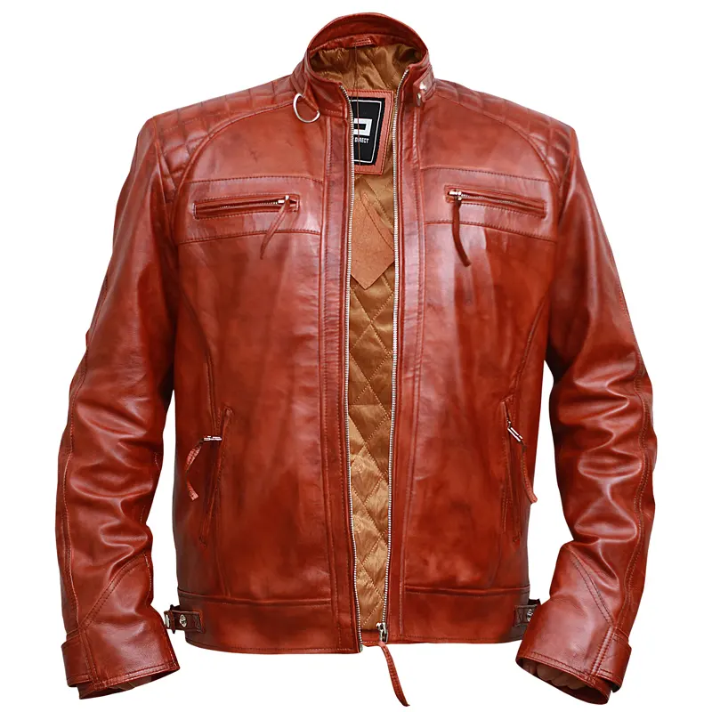 Classic Diamond Vintage Brown Biker Leather Jacket - Image 2