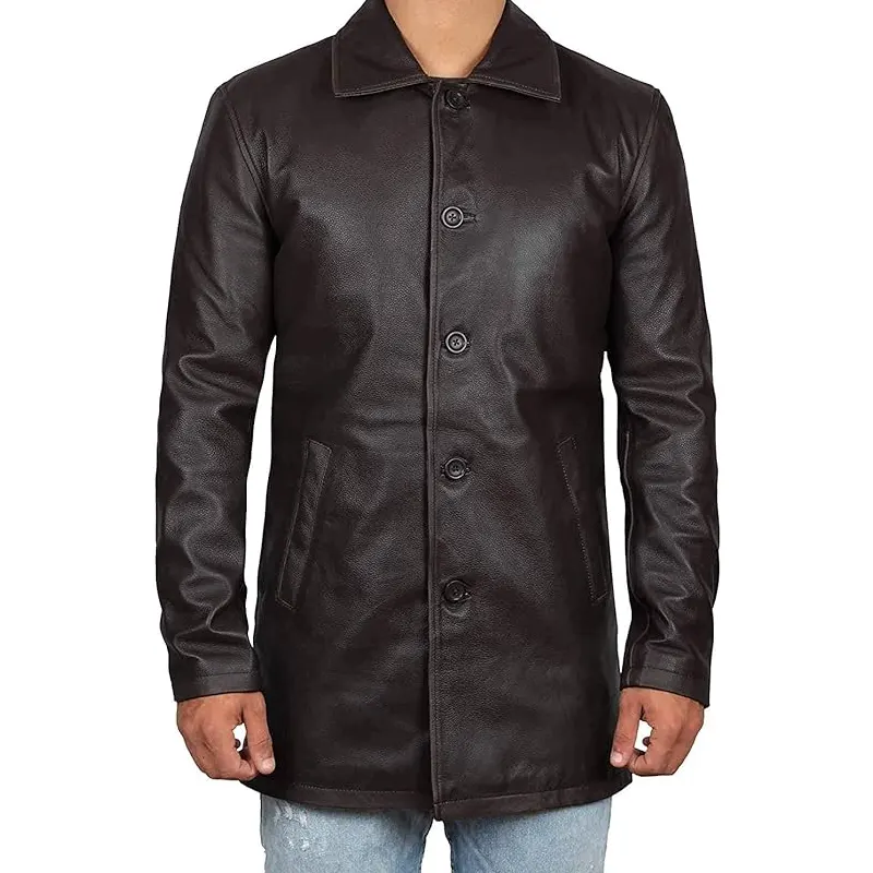 Vintage Style Brown Leather Overcoat - Image 2