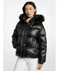 Michael Michael Kors Womens Michael Faux-Fur Trim Hooded Puffer Coat