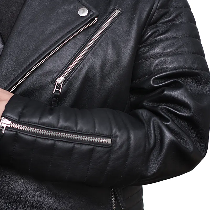 Men's Black Brando Diamond Design Motorcycle Leather Jacket - Image 7