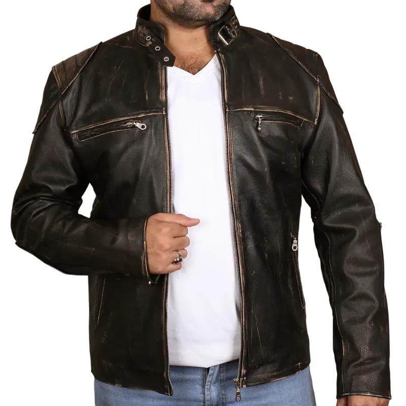 Men's Cafe Racer Padded Leather Jacket - Image 2