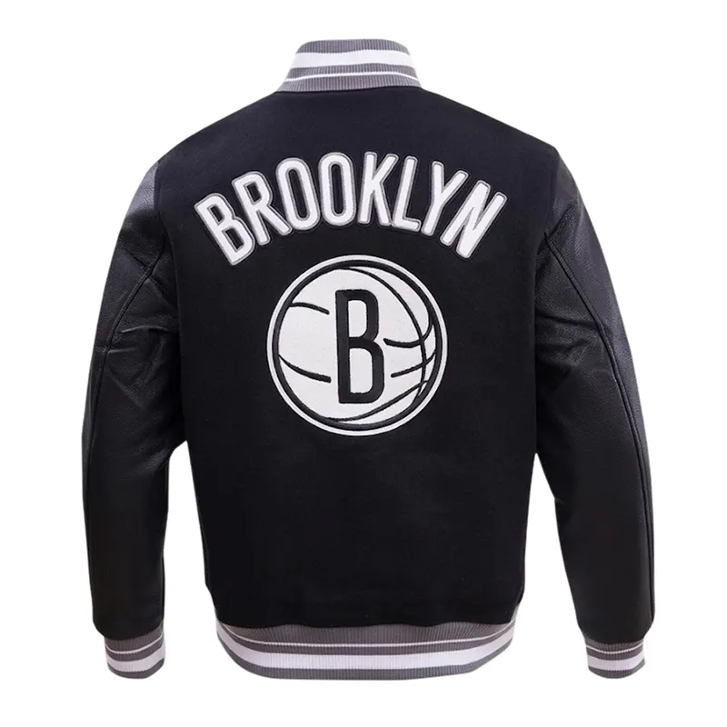 NBA Brooklyn Nets Men’s Rib Wool Black Varsity Jacket - Image 2