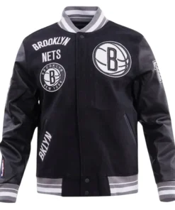 NBA Brooklyn Nets Men’s Rib Wool Black Varsity Jacket