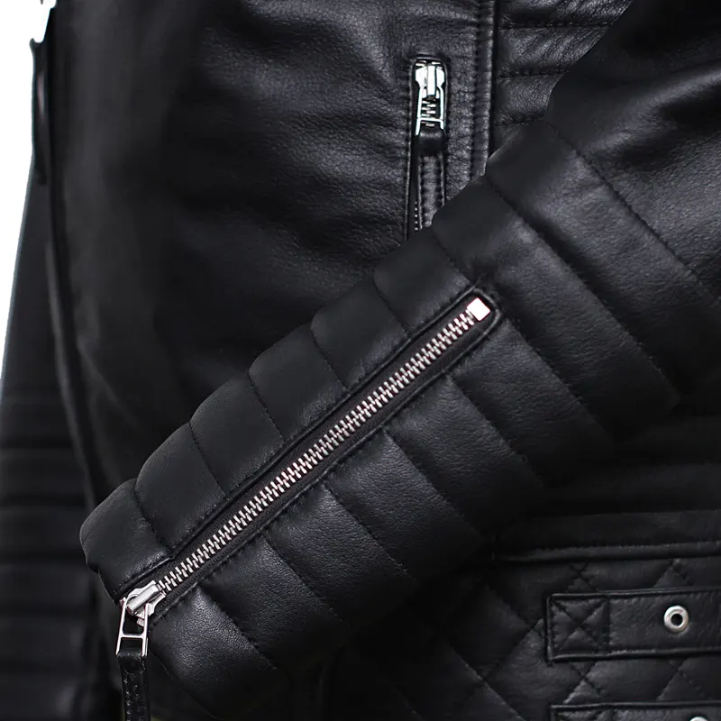 Men's Black Brando Diamond Design Motorcycle Leather Jacket - Image 8