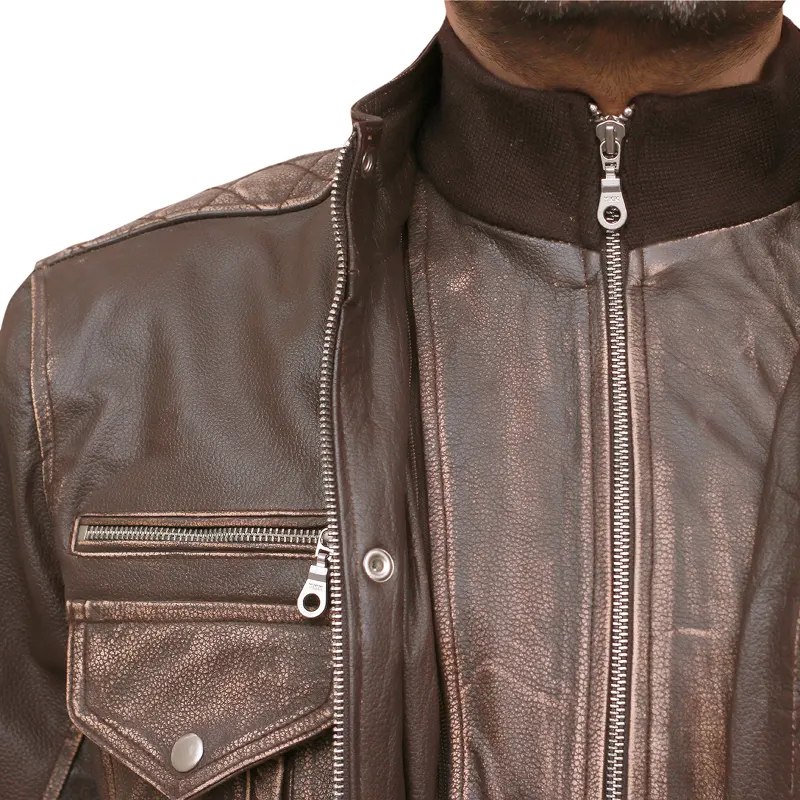 Men's Biker Cafe Moto Racer Brown Genuine Leather Jacket - Image 10