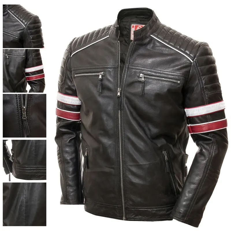 Men's Racing Biker Stripes Real Leather Casual Fit Jacket - Image 6