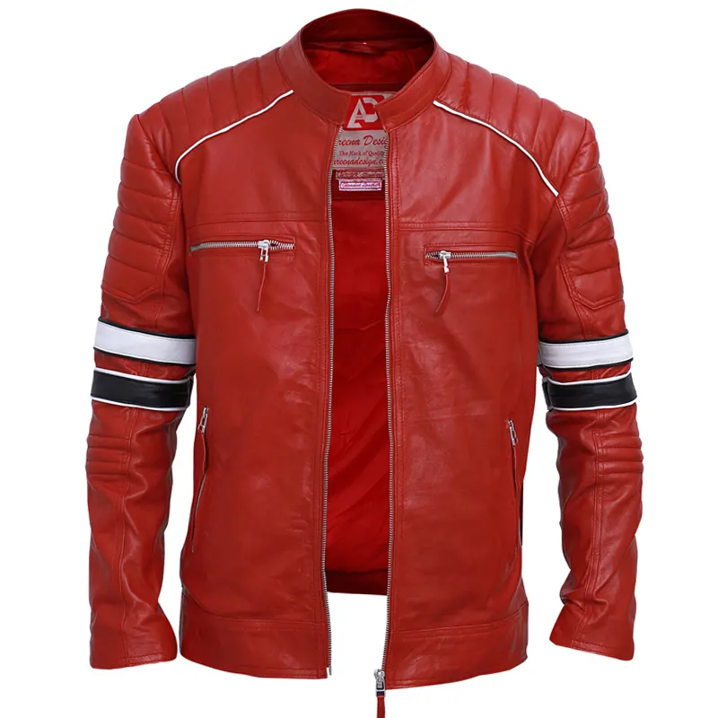 Men's Cafe Racer Red Striped Leather Jacket - Image 3