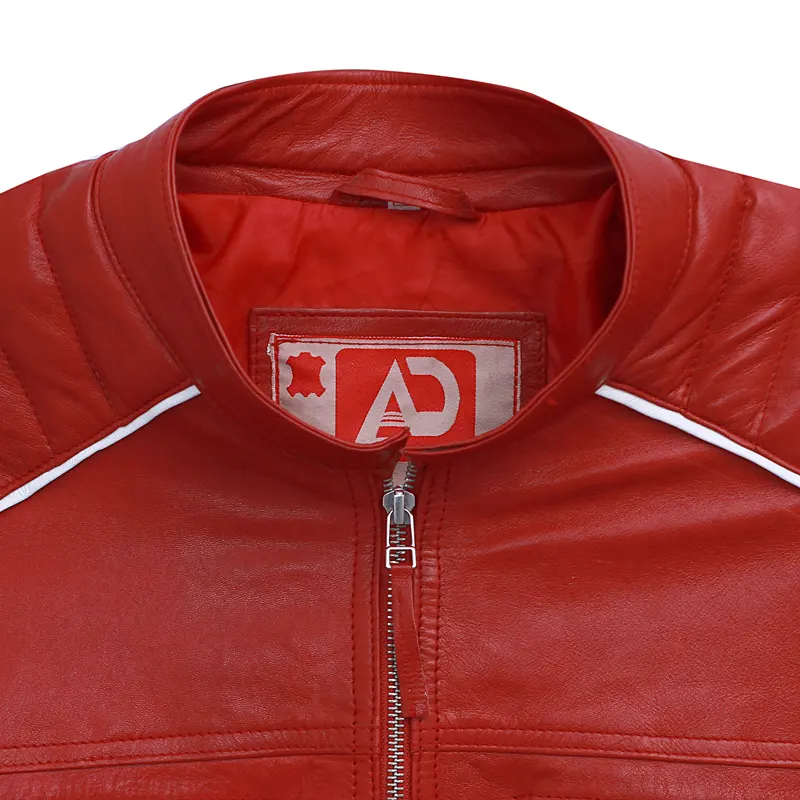 Men's Cafe Racer Red Striped Leather Jacket - Image 9