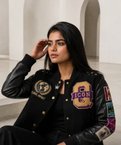 Women's Global Impact Icon Cropped Varsity Leather Jacket