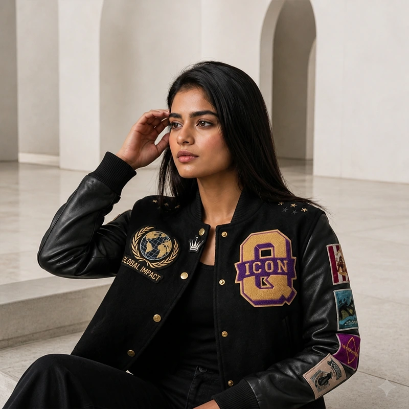 Women's Global Impact Icon Cropped Varsity Leather Jacket