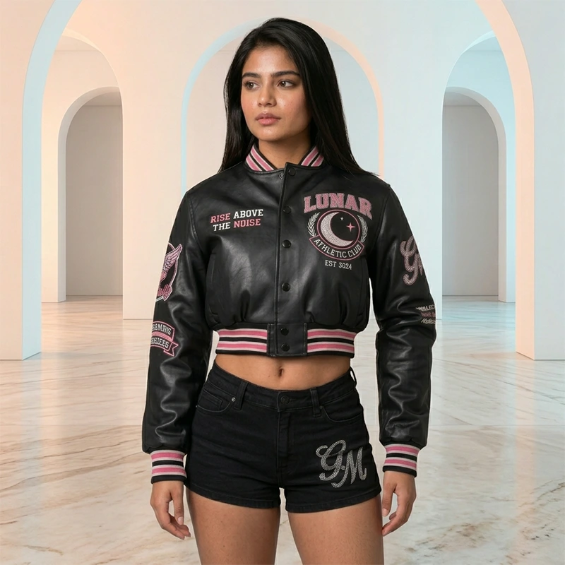 Women's Lunar Athletic Club Cropped Leather Varsity Jacket