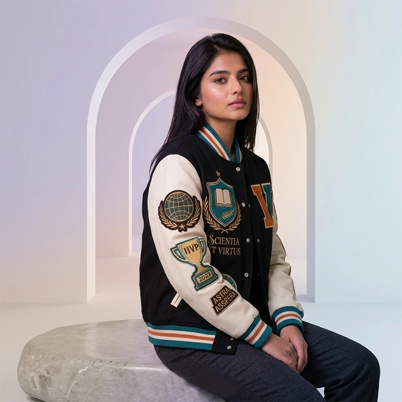 Women's League Varsity Champions Embroidered Leather Jacket