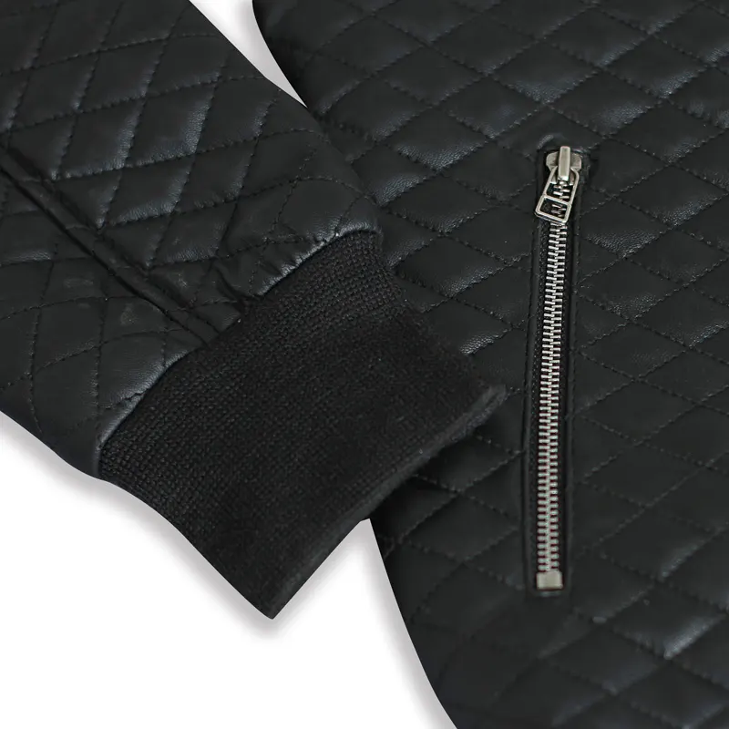 Men's Diamond Quilted Black Motorcycle Bomber Jacket - Image 6