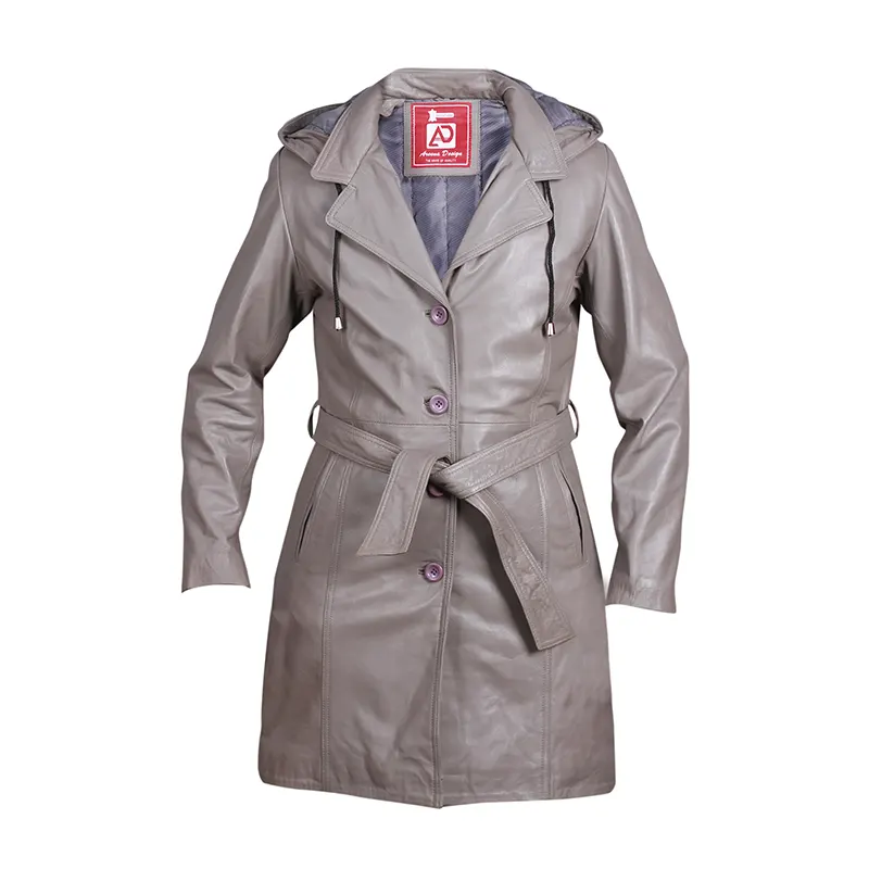 Women's Grey Hooded Leather Overcoat With Belt - Image 4
