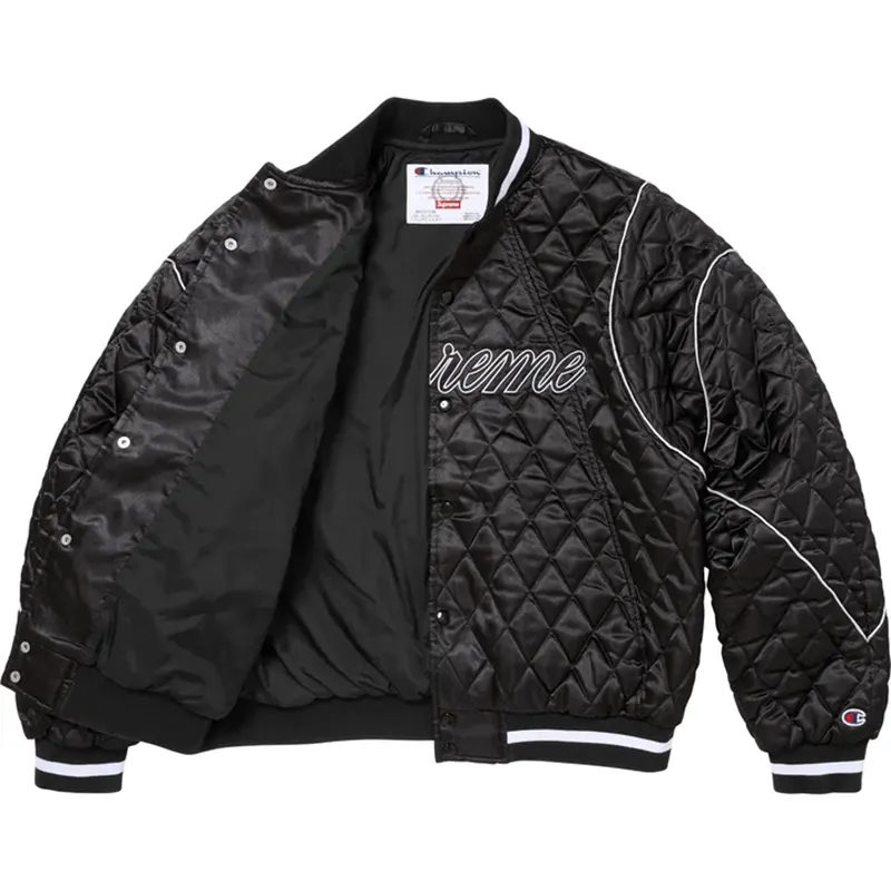 Supreme Champion Black Quilted Satin Varsity Jacket - Image 3