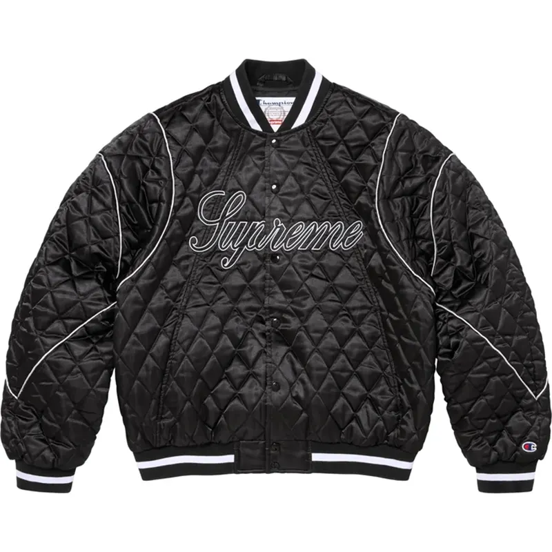Supreme Champion Black Quilted Satin Varsity Jacket