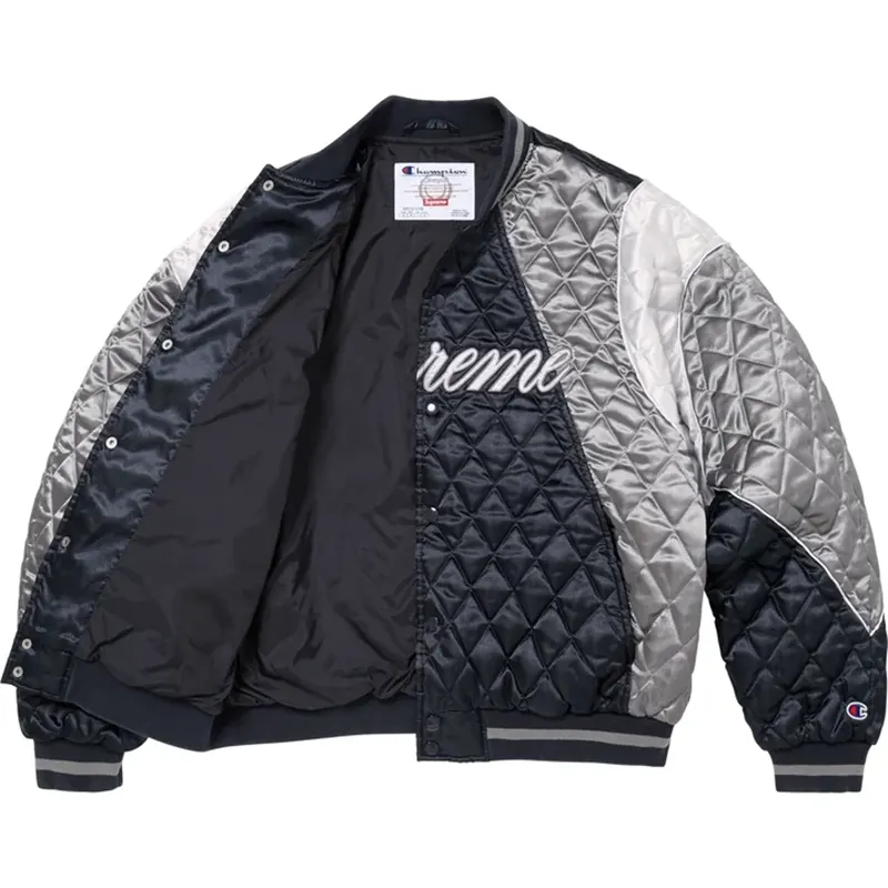 Supreme Champion Navy Quilted Satin Varsity Jacket - Image 3