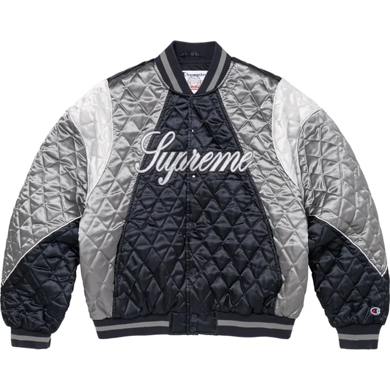 Supreme Champion Navy Quilted Satin Varsity Jacket