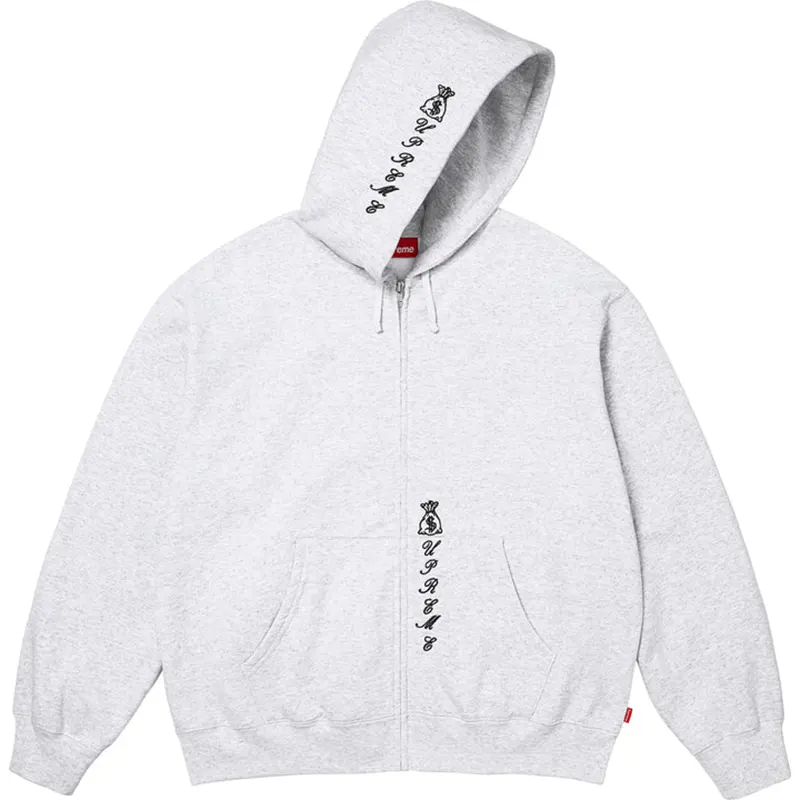 Supreme God Over Money Ash Grey Zip Up Hooded Sweatshirt - Image 2