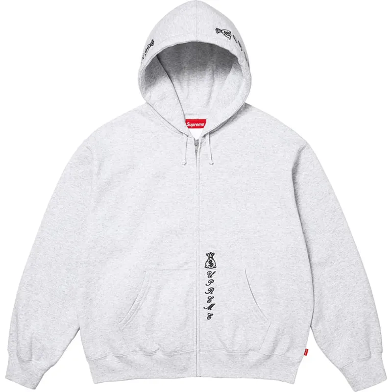 Supreme God Over Money Ash Grey Zip Up Hooded Sweatshirt