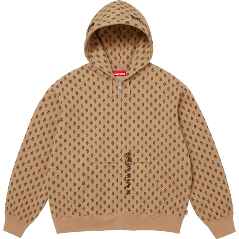 Supreme God Over Money Brown Zip Up Hooded Sweatshirt