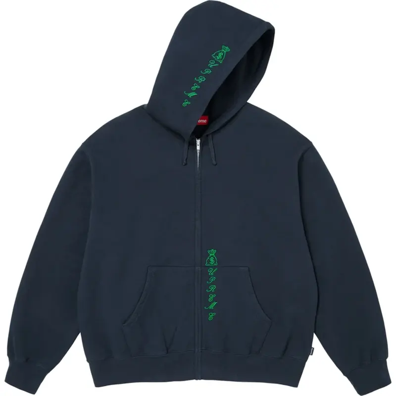 Supreme God Over Money Navy Zip Up Hooded Sweatshirt - Image 2