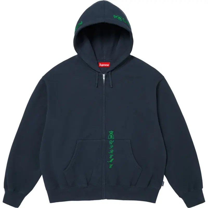 Supreme God Over Money Navy Zip Up Hooded Sweatshirt