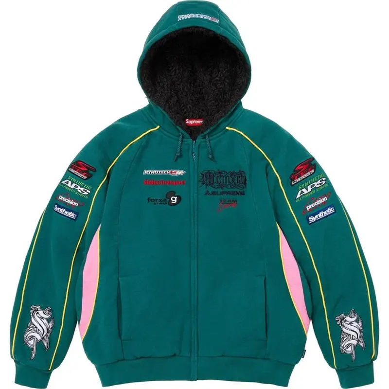 Supreme Racing Lined Green Zip Up Hooded Sweatshirt