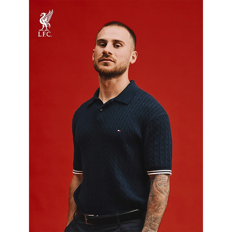 Tommy Hilfiger x Liverpool FC Cable Knit Navy Short Sleeve Polo Jumper - Image 2