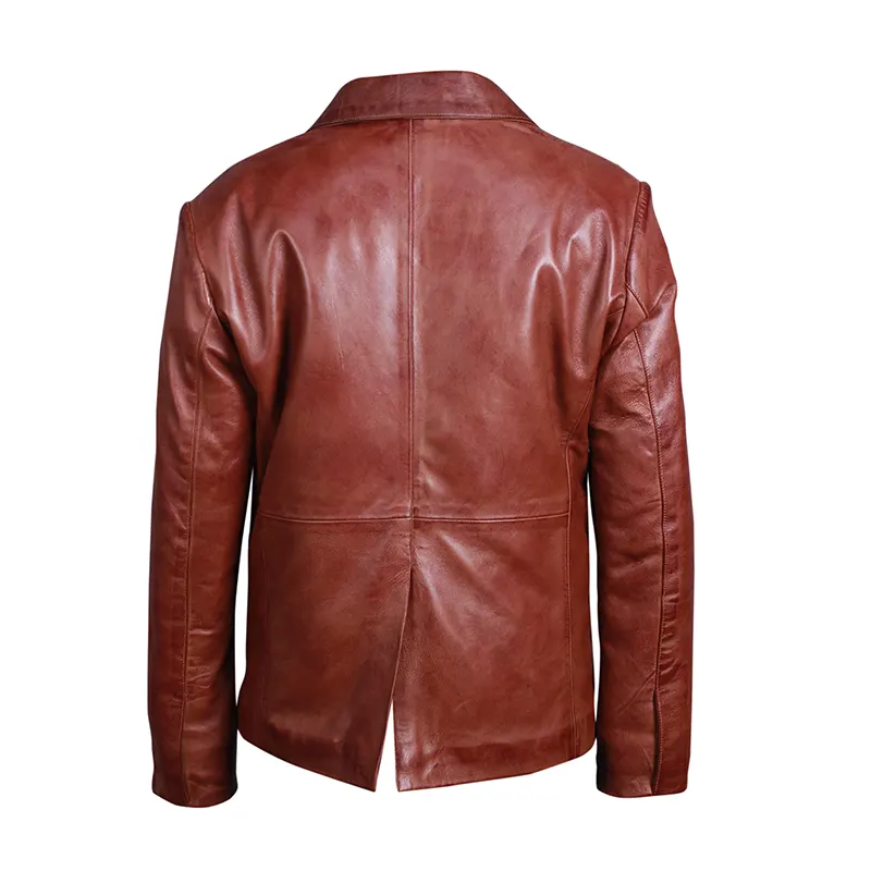 Men's Two Button Brown Leather Blazer - Image 2