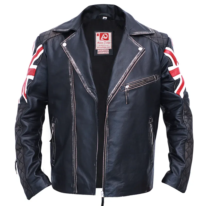 Union Jack Biker Vintage Black Leather Jacket For Mens - Image 2