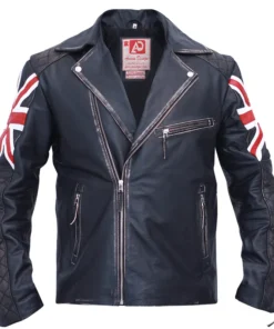 Union Jack Biker Vintage Black Leather Jacket For Mens