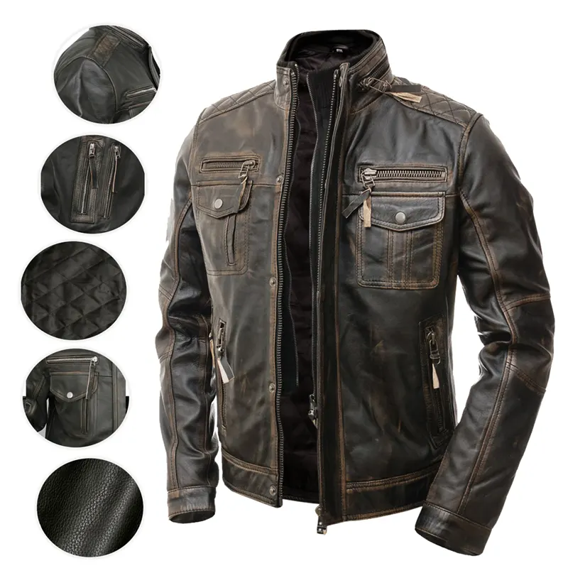 Men's Motorcycle Distressed Brown Cafe Racer Leather Jacket - Image 2