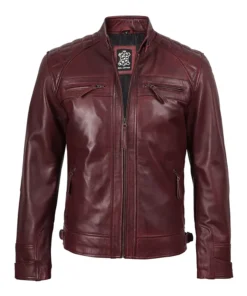 Vintage Effect Burgundy Leather Jacket