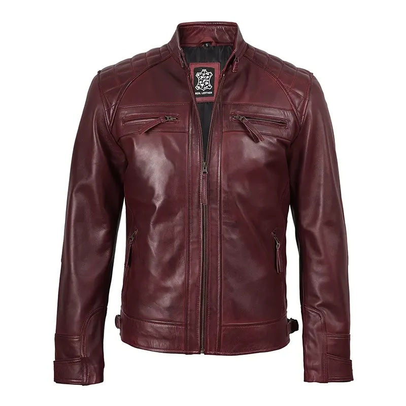 Vintage Effect Burgundy Leather Jacket