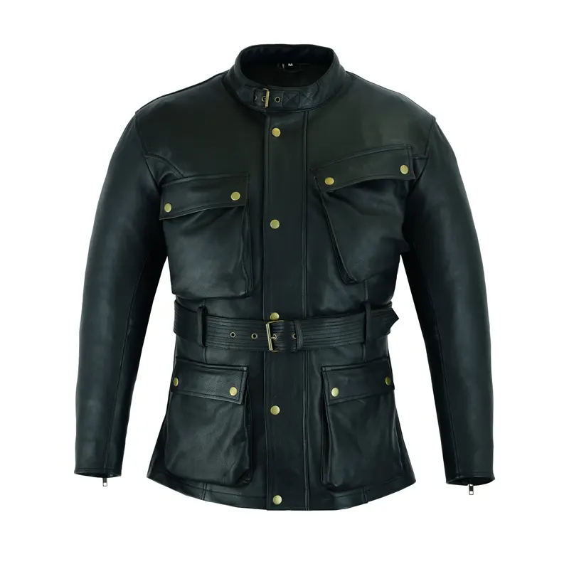 Vintage Retro Motorcycle Black Leather Overcoat
