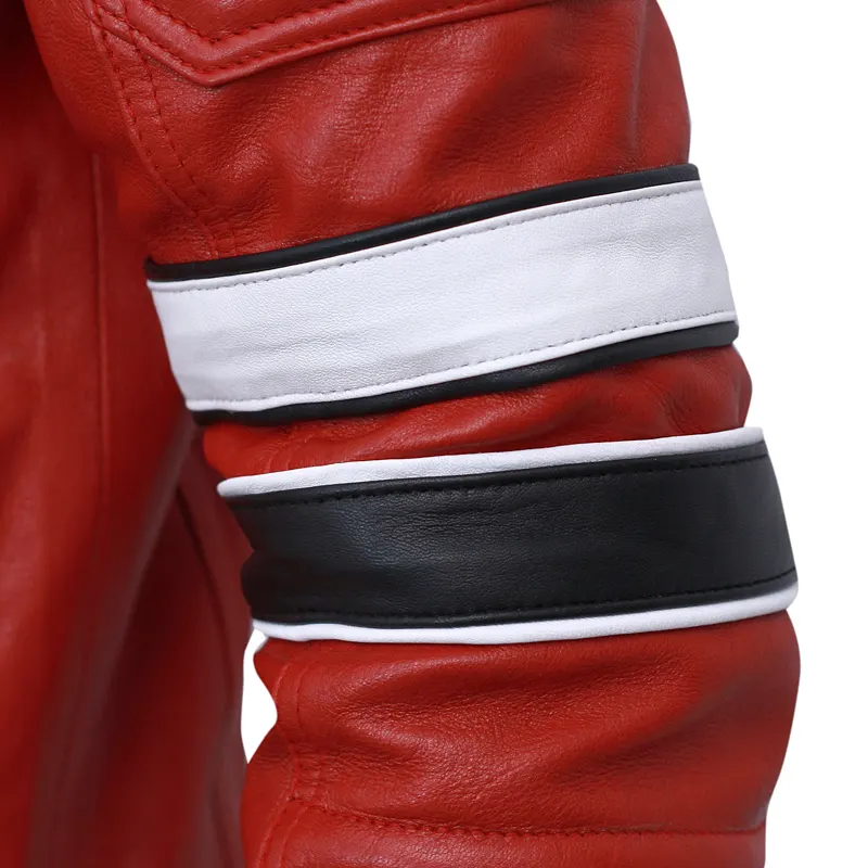 Men's Cafe Racer Red Striped Leather Jacket - Image 8