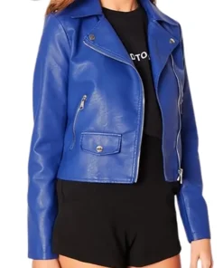 Women Biker Blue Leather Jacket