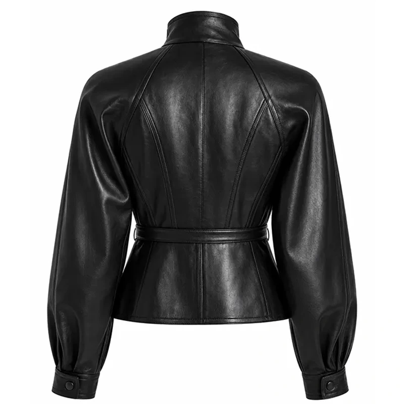 Women's Black Cropped Leather Pilot Jacket - Image 2